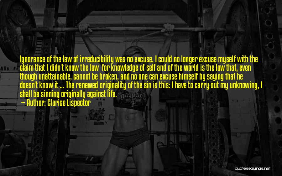 Clarice Lispector Quotes: Ignorance Of The Law Of Irreducibility Was No Excuse. I Could No Longer Excuse Myself With The Claim That I