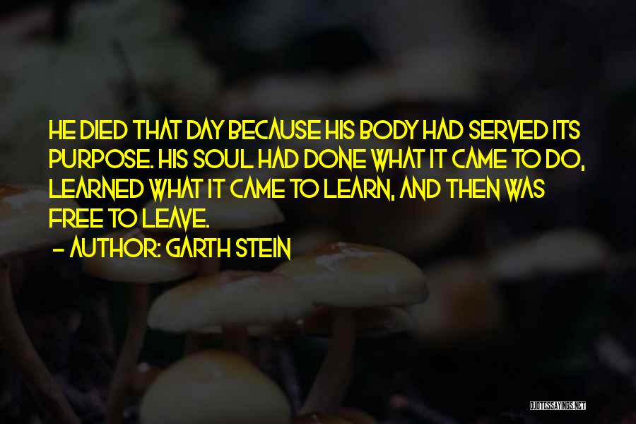 Garth Stein Quotes: He Died That Day Because His Body Had Served Its Purpose. His Soul Had Done What It Came To Do,
