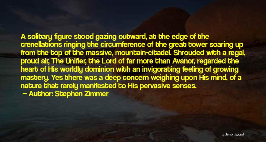 Stephen Zimmer Quotes: A Solitary Figure Stood Gazing Outward, At The Edge Of The Crenellations Ringing The Circumference Of The Great Tower Soaring