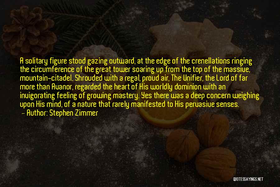 Stephen Zimmer Quotes: A Solitary Figure Stood Gazing Outward, At The Edge Of The Crenellations Ringing The Circumference Of The Great Tower Soaring