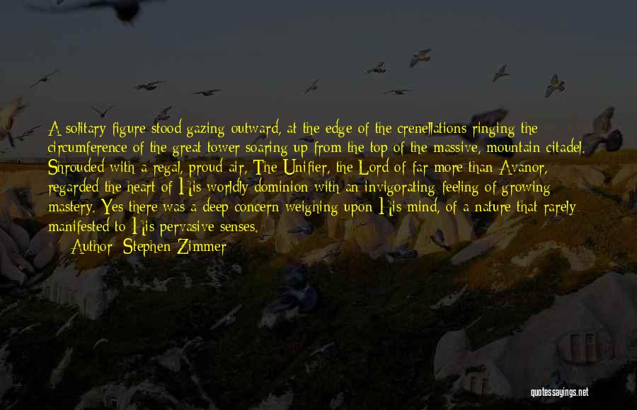 Stephen Zimmer Quotes: A Solitary Figure Stood Gazing Outward, At The Edge Of The Crenellations Ringing The Circumference Of The Great Tower Soaring
