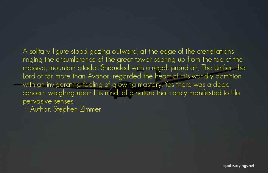 Stephen Zimmer Quotes: A Solitary Figure Stood Gazing Outward, At The Edge Of The Crenellations Ringing The Circumference Of The Great Tower Soaring