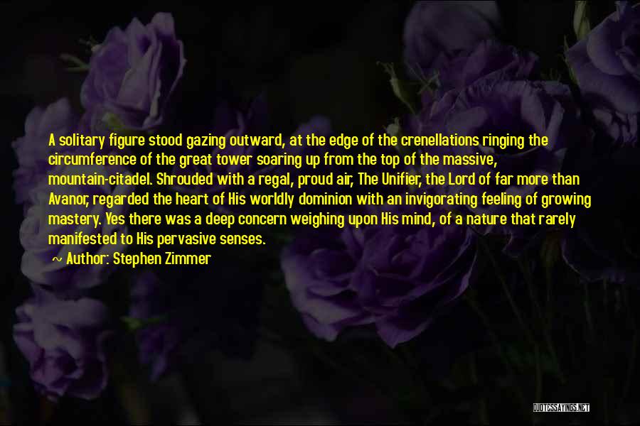 Stephen Zimmer Quotes: A Solitary Figure Stood Gazing Outward, At The Edge Of The Crenellations Ringing The Circumference Of The Great Tower Soaring