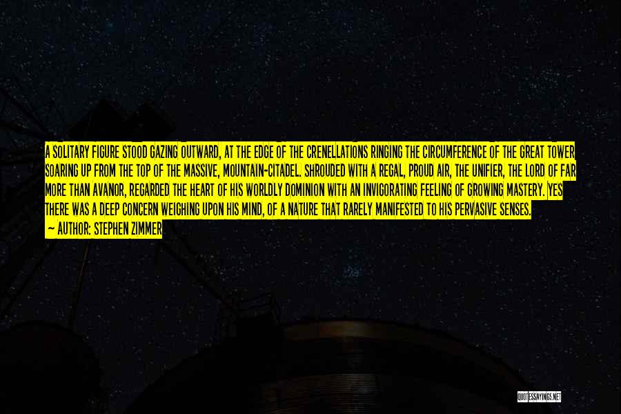 Stephen Zimmer Quotes: A Solitary Figure Stood Gazing Outward, At The Edge Of The Crenellations Ringing The Circumference Of The Great Tower Soaring