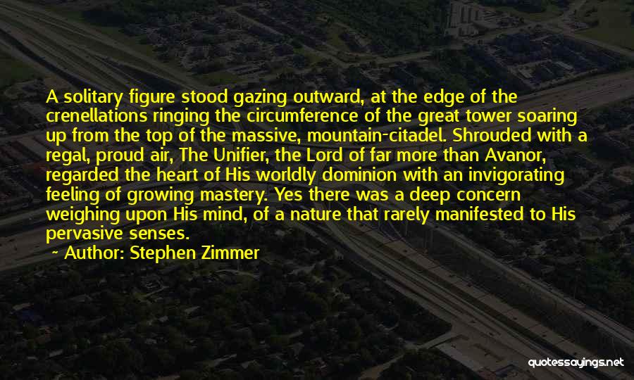 Stephen Zimmer Quotes: A Solitary Figure Stood Gazing Outward, At The Edge Of The Crenellations Ringing The Circumference Of The Great Tower Soaring