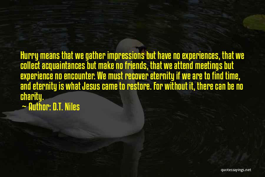 D.T. Niles Quotes: Hurry Means That We Gather Impressions But Have No Experiences, That We Collect Acquaintances But Make No Friends, That We