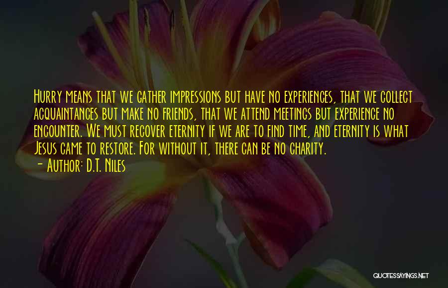 D.T. Niles Quotes: Hurry Means That We Gather Impressions But Have No Experiences, That We Collect Acquaintances But Make No Friends, That We