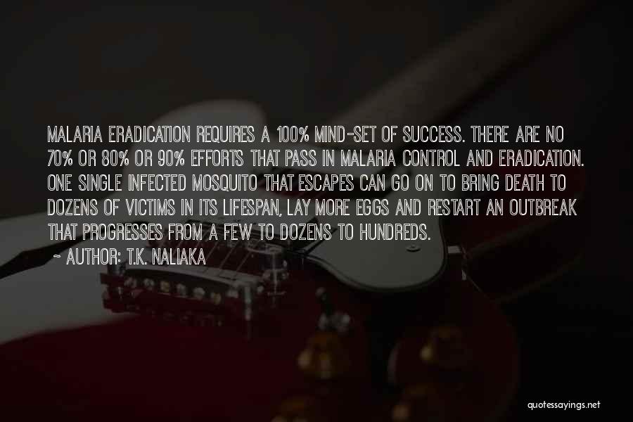 T.K. Naliaka Quotes: Malaria Eradication Requires A 100% Mind-set Of Success. There Are No 70% Or 80% Or 90% Efforts That Pass In