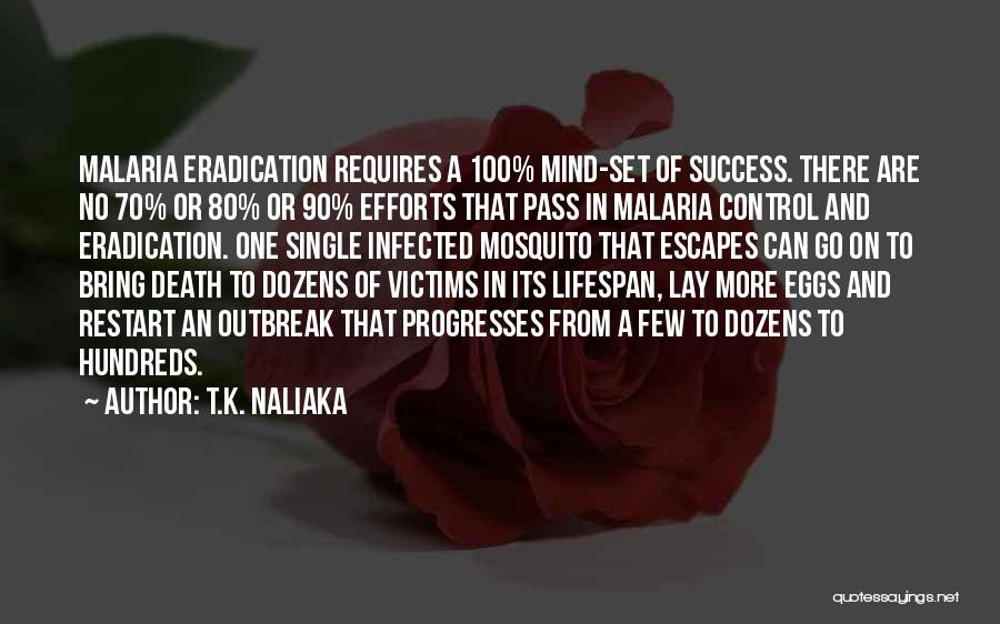 T.K. Naliaka Quotes: Malaria Eradication Requires A 100% Mind-set Of Success. There Are No 70% Or 80% Or 90% Efforts That Pass In