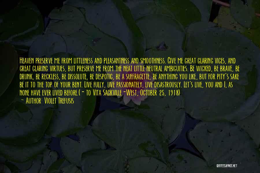 Violet Trefusis Quotes: Heaven Preserve Me From Littleness And Pleasantness And Smoothness. Give Me Great Glaring Vices, And Great Glaring Virtues, But Preserve