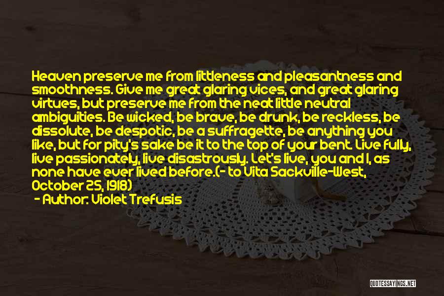 Violet Trefusis Quotes: Heaven Preserve Me From Littleness And Pleasantness And Smoothness. Give Me Great Glaring Vices, And Great Glaring Virtues, But Preserve