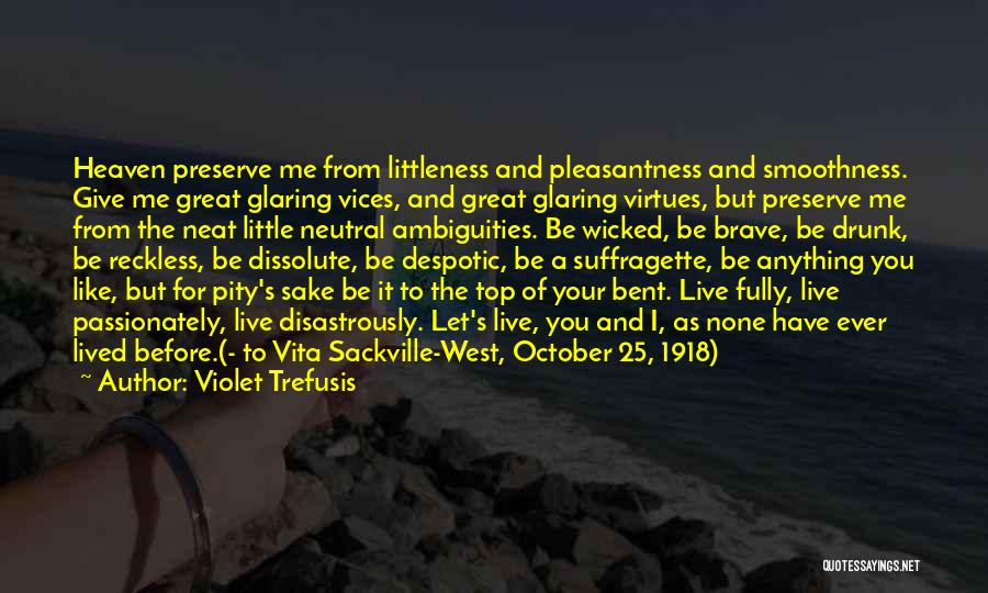 Violet Trefusis Quotes: Heaven Preserve Me From Littleness And Pleasantness And Smoothness. Give Me Great Glaring Vices, And Great Glaring Virtues, But Preserve