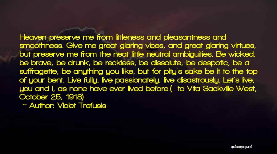 Violet Trefusis Quotes: Heaven Preserve Me From Littleness And Pleasantness And Smoothness. Give Me Great Glaring Vices, And Great Glaring Virtues, But Preserve