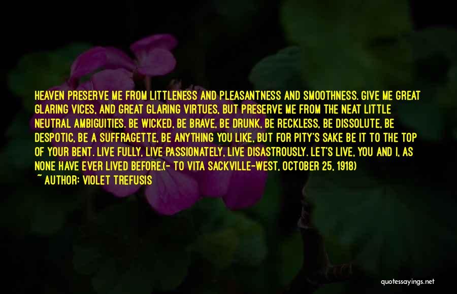 Violet Trefusis Quotes: Heaven Preserve Me From Littleness And Pleasantness And Smoothness. Give Me Great Glaring Vices, And Great Glaring Virtues, But Preserve