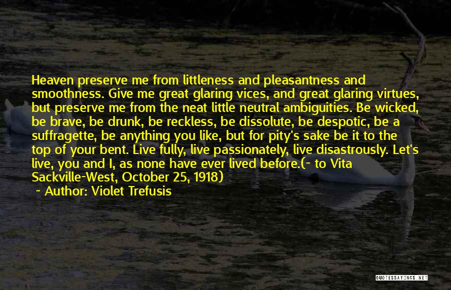 Violet Trefusis Quotes: Heaven Preserve Me From Littleness And Pleasantness And Smoothness. Give Me Great Glaring Vices, And Great Glaring Virtues, But Preserve