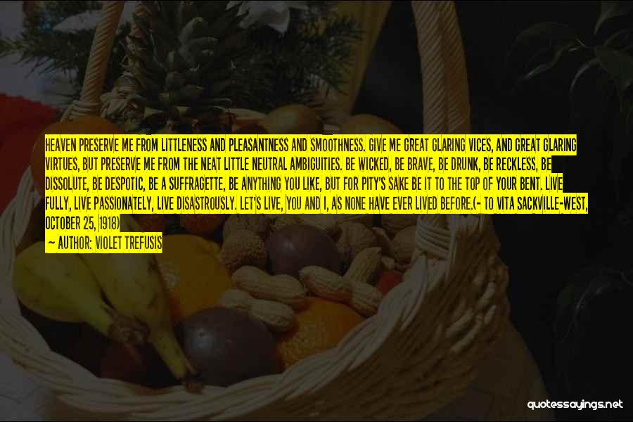 Violet Trefusis Quotes: Heaven Preserve Me From Littleness And Pleasantness And Smoothness. Give Me Great Glaring Vices, And Great Glaring Virtues, But Preserve