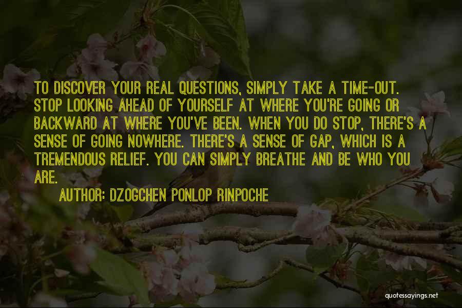 Dzogchen Ponlop Rinpoche Quotes: To Discover Your Real Questions, Simply Take A Time-out. Stop Looking Ahead Of Yourself At Where You're Going Or Backward