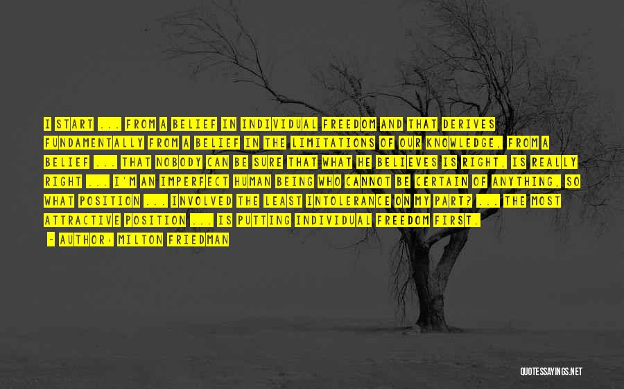 Milton Friedman Quotes: I Start ... From A Belief In Individual Freedom And That Derives Fundamentally From A Belief In The Limitations Of