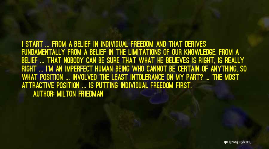 Milton Friedman Quotes: I Start ... From A Belief In Individual Freedom And That Derives Fundamentally From A Belief In The Limitations Of
