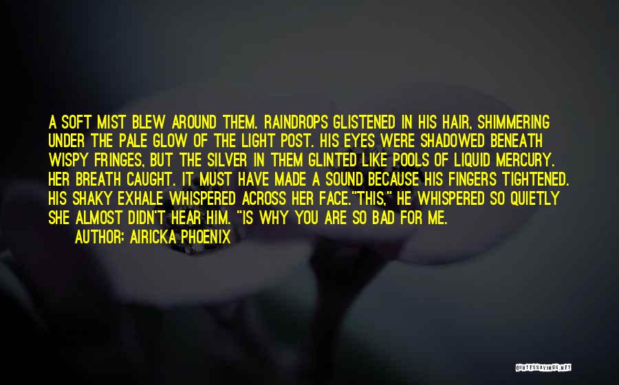 Airicka Phoenix Quotes: A Soft Mist Blew Around Them. Raindrops Glistened In His Hair, Shimmering Under The Pale Glow Of The Light Post.