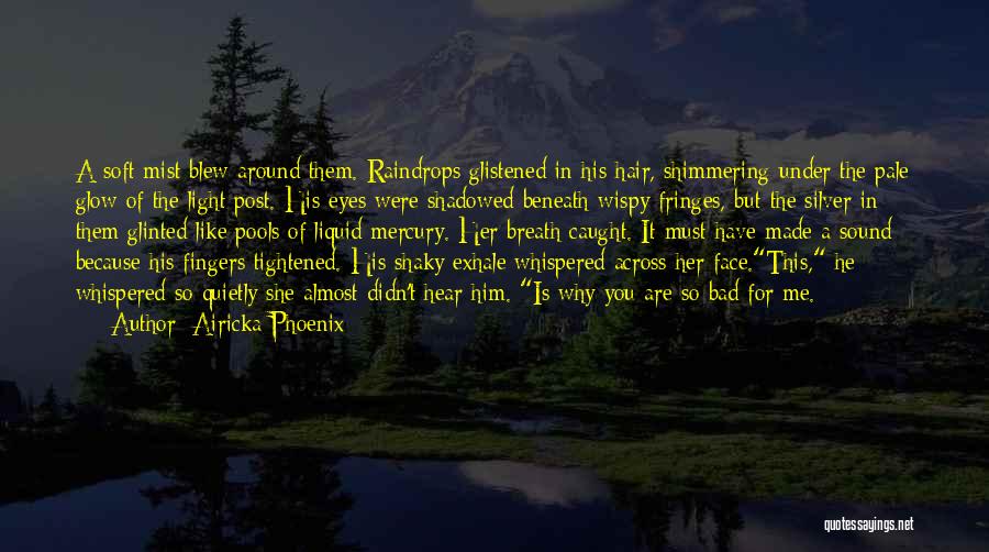 Airicka Phoenix Quotes: A Soft Mist Blew Around Them. Raindrops Glistened In His Hair, Shimmering Under The Pale Glow Of The Light Post.