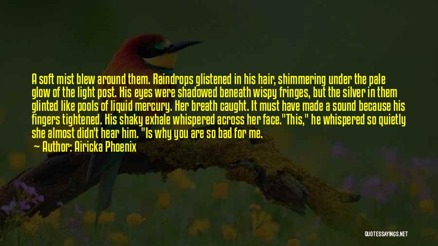 Airicka Phoenix Quotes: A Soft Mist Blew Around Them. Raindrops Glistened In His Hair, Shimmering Under The Pale Glow Of The Light Post.