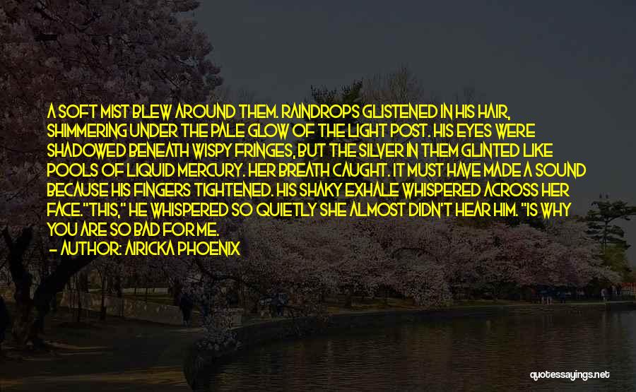 Airicka Phoenix Quotes: A Soft Mist Blew Around Them. Raindrops Glistened In His Hair, Shimmering Under The Pale Glow Of The Light Post.