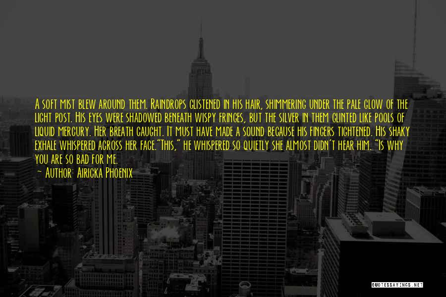 Airicka Phoenix Quotes: A Soft Mist Blew Around Them. Raindrops Glistened In His Hair, Shimmering Under The Pale Glow Of The Light Post.