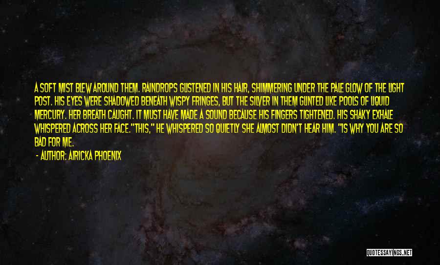 Airicka Phoenix Quotes: A Soft Mist Blew Around Them. Raindrops Glistened In His Hair, Shimmering Under The Pale Glow Of The Light Post.