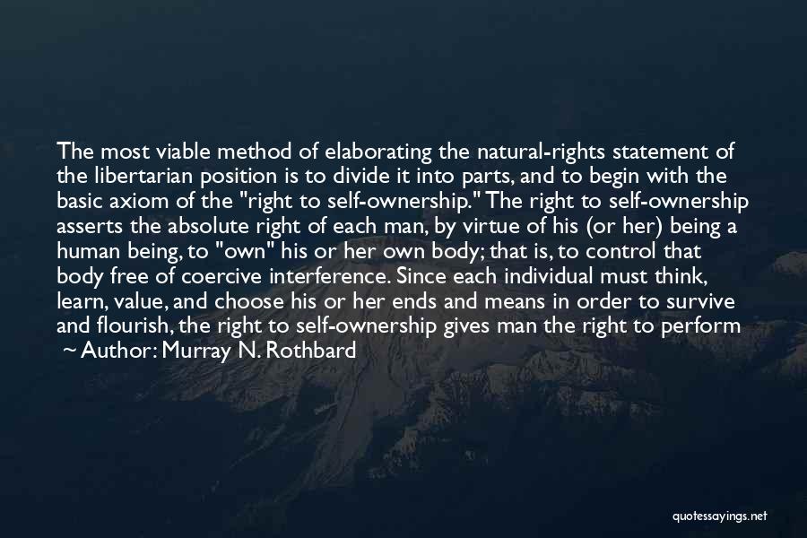 Murray N. Rothbard Quotes: The Most Viable Method Of Elaborating The Natural-rights Statement Of The Libertarian Position Is To Divide It Into Parts, And