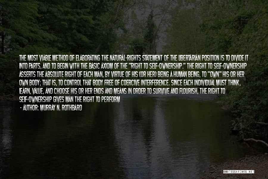 Murray N. Rothbard Quotes: The Most Viable Method Of Elaborating The Natural-rights Statement Of The Libertarian Position Is To Divide It Into Parts, And