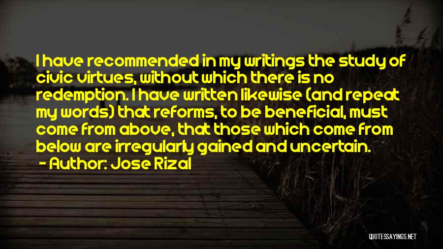 Jose Rizal Quotes: I Have Recommended In My Writings The Study Of Civic Virtues, Without Which There Is No Redemption. I Have Written