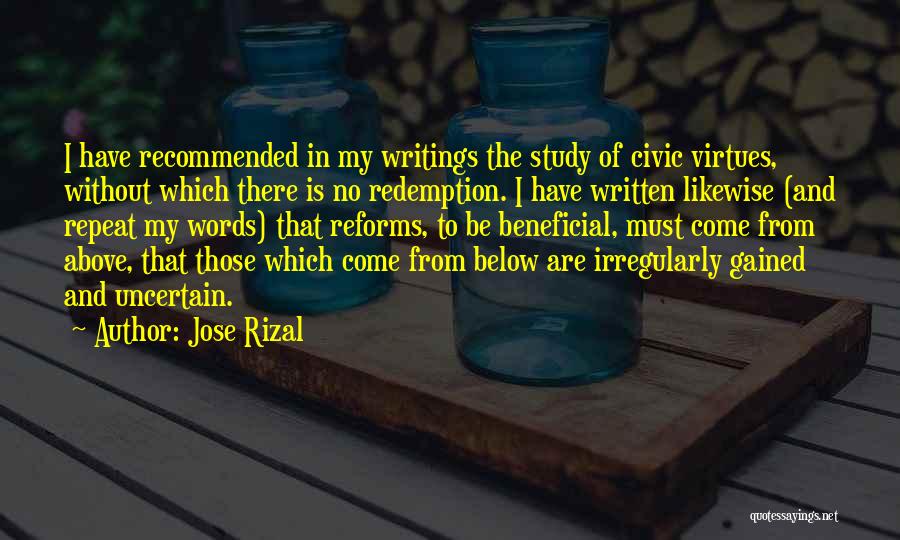 Jose Rizal Quotes: I Have Recommended In My Writings The Study Of Civic Virtues, Without Which There Is No Redemption. I Have Written