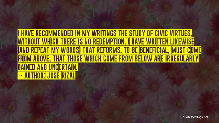 Jose Rizal Quotes: I Have Recommended In My Writings The Study Of Civic Virtues, Without Which There Is No Redemption. I Have Written