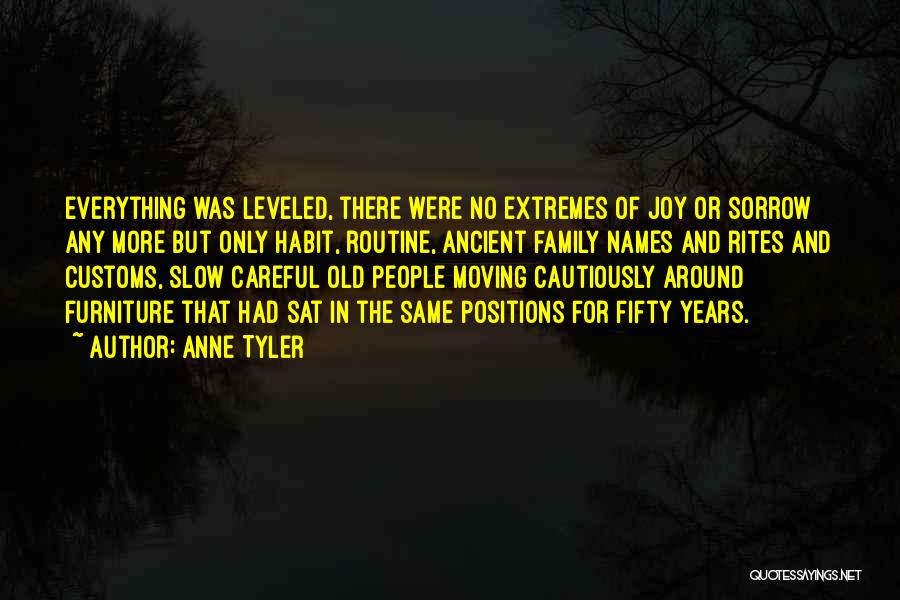 Anne Tyler Quotes: Everything Was Leveled, There Were No Extremes Of Joy Or Sorrow Any More But Only Habit, Routine, Ancient Family Names