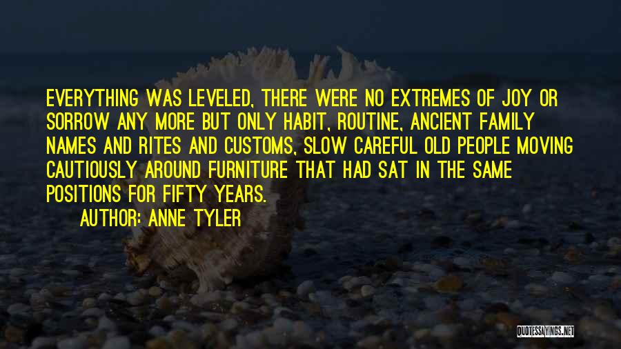 Anne Tyler Quotes: Everything Was Leveled, There Were No Extremes Of Joy Or Sorrow Any More But Only Habit, Routine, Ancient Family Names