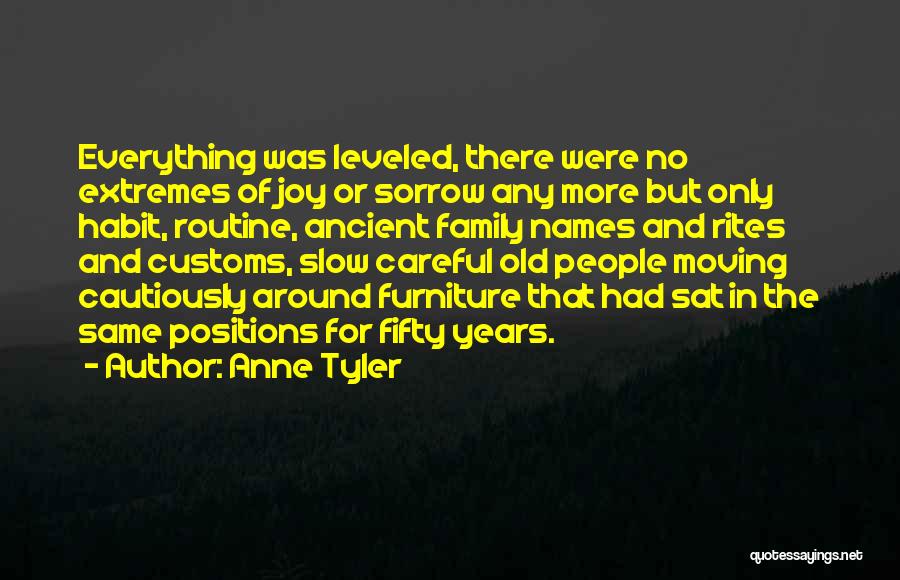 Anne Tyler Quotes: Everything Was Leveled, There Were No Extremes Of Joy Or Sorrow Any More But Only Habit, Routine, Ancient Family Names