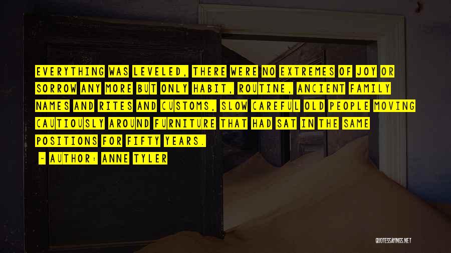 Anne Tyler Quotes: Everything Was Leveled, There Were No Extremes Of Joy Or Sorrow Any More But Only Habit, Routine, Ancient Family Names