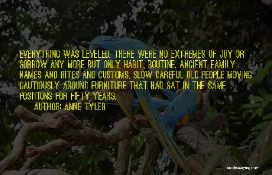 Anne Tyler Quotes: Everything Was Leveled, There Were No Extremes Of Joy Or Sorrow Any More But Only Habit, Routine, Ancient Family Names