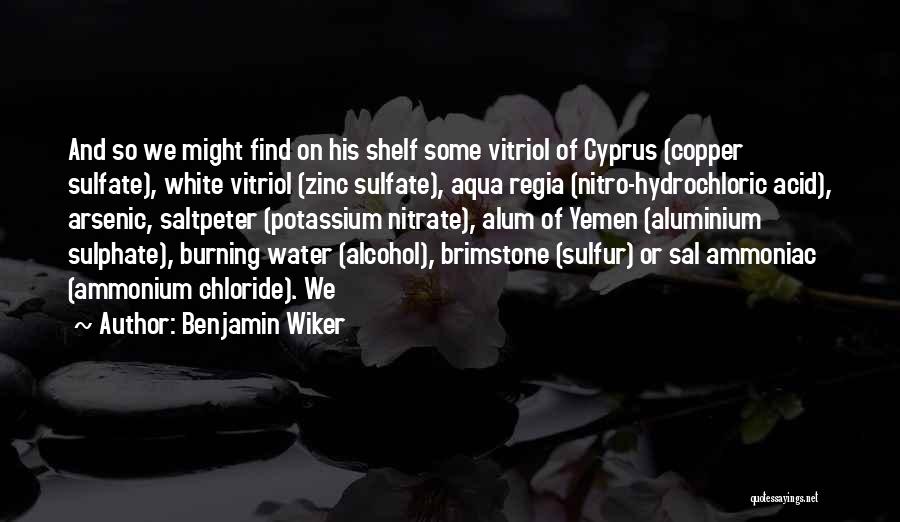 Benjamin Wiker Quotes: And So We Might Find On His Shelf Some Vitriol Of Cyprus (copper Sulfate), White Vitriol (zinc Sulfate), Aqua Regia