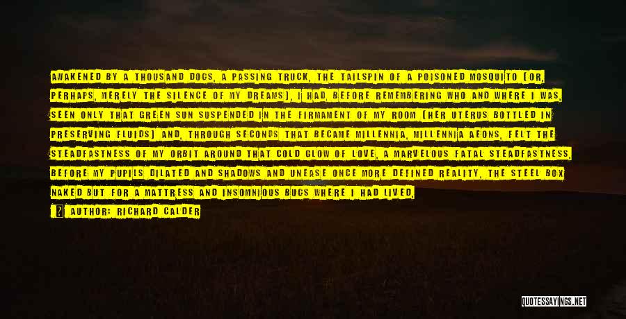 Richard Calder Quotes: Awakened By A Thousand Dogs, A Passing Truck, The Tailspin Of A Poisoned Mosquito (or, Perhaps, Merely The Silence Of