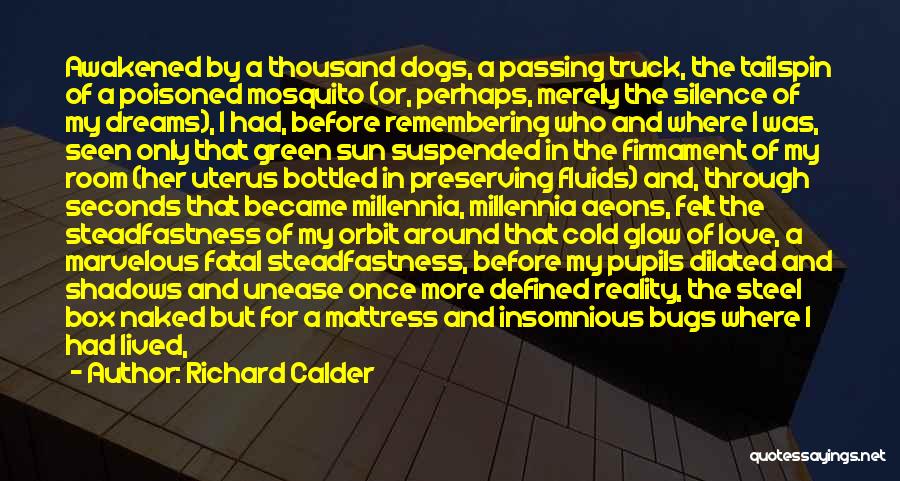Richard Calder Quotes: Awakened By A Thousand Dogs, A Passing Truck, The Tailspin Of A Poisoned Mosquito (or, Perhaps, Merely The Silence Of