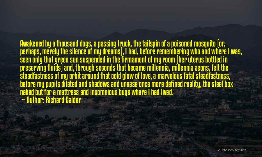 Richard Calder Quotes: Awakened By A Thousand Dogs, A Passing Truck, The Tailspin Of A Poisoned Mosquito (or, Perhaps, Merely The Silence Of