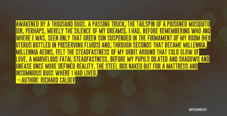 Richard Calder Quotes: Awakened By A Thousand Dogs, A Passing Truck, The Tailspin Of A Poisoned Mosquito (or, Perhaps, Merely The Silence Of