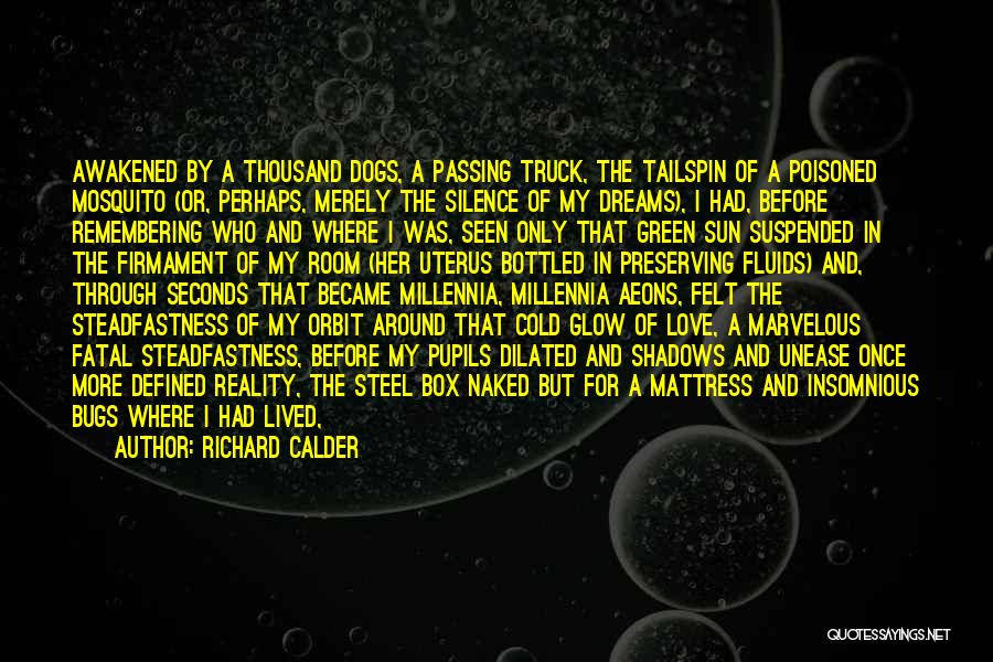 Richard Calder Quotes: Awakened By A Thousand Dogs, A Passing Truck, The Tailspin Of A Poisoned Mosquito (or, Perhaps, Merely The Silence Of