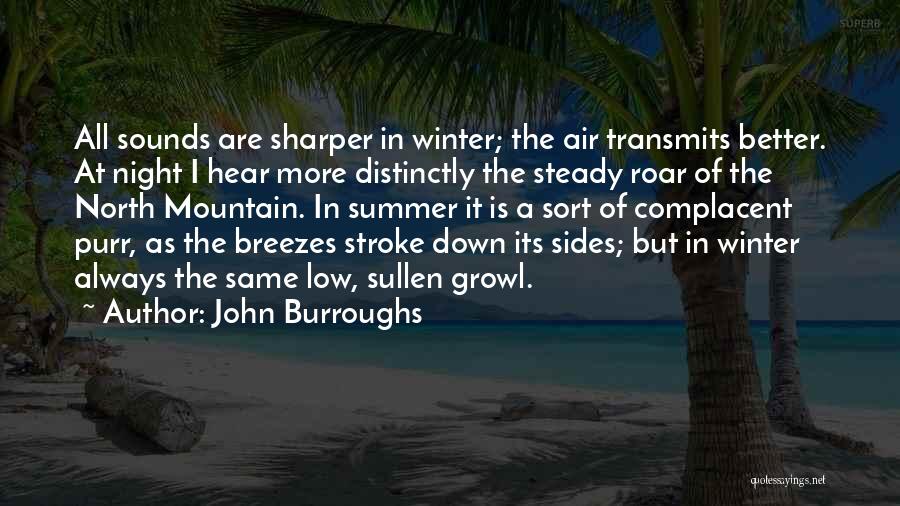 John Burroughs Quotes: All Sounds Are Sharper In Winter; The Air Transmits Better. At Night I Hear More Distinctly The Steady Roar Of