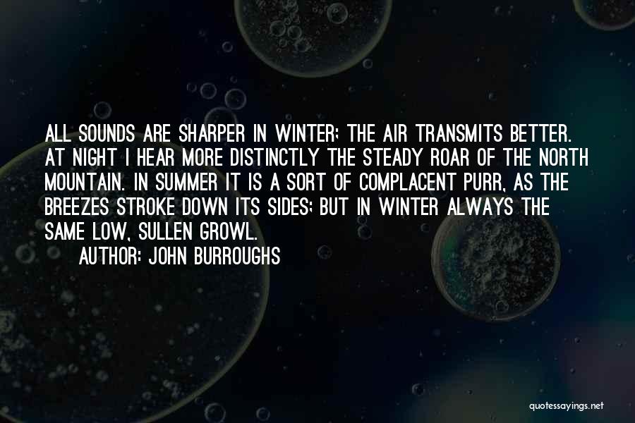 John Burroughs Quotes: All Sounds Are Sharper In Winter; The Air Transmits Better. At Night I Hear More Distinctly The Steady Roar Of