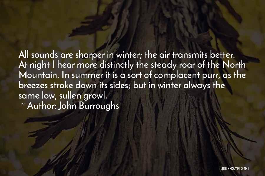 John Burroughs Quotes: All Sounds Are Sharper In Winter; The Air Transmits Better. At Night I Hear More Distinctly The Steady Roar Of