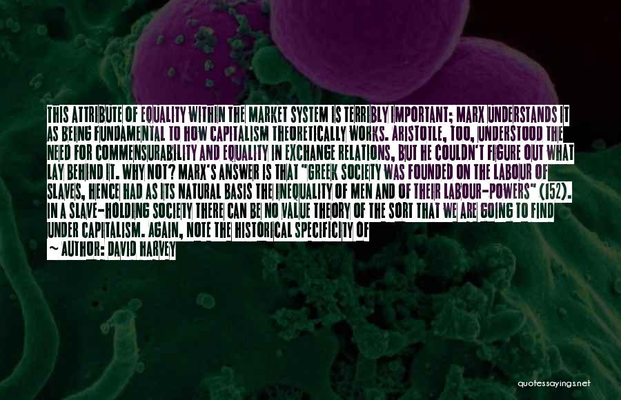 David Harvey Quotes: This Attribute Of Equality Within The Market System Is Terribly Important; Marx Understands It As Being Fundamental To How Capitalism