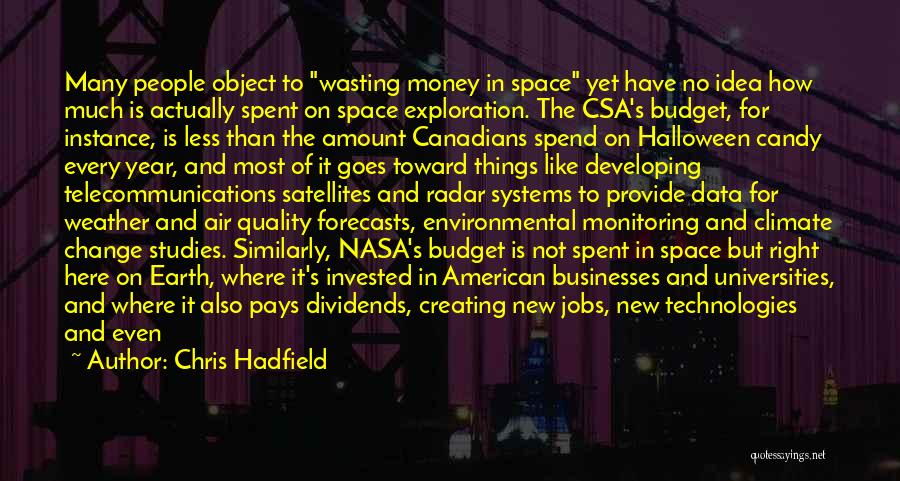 Chris Hadfield Quotes: Many People Object To Wasting Money In Space Yet Have No Idea How Much Is Actually Spent On Space Exploration.